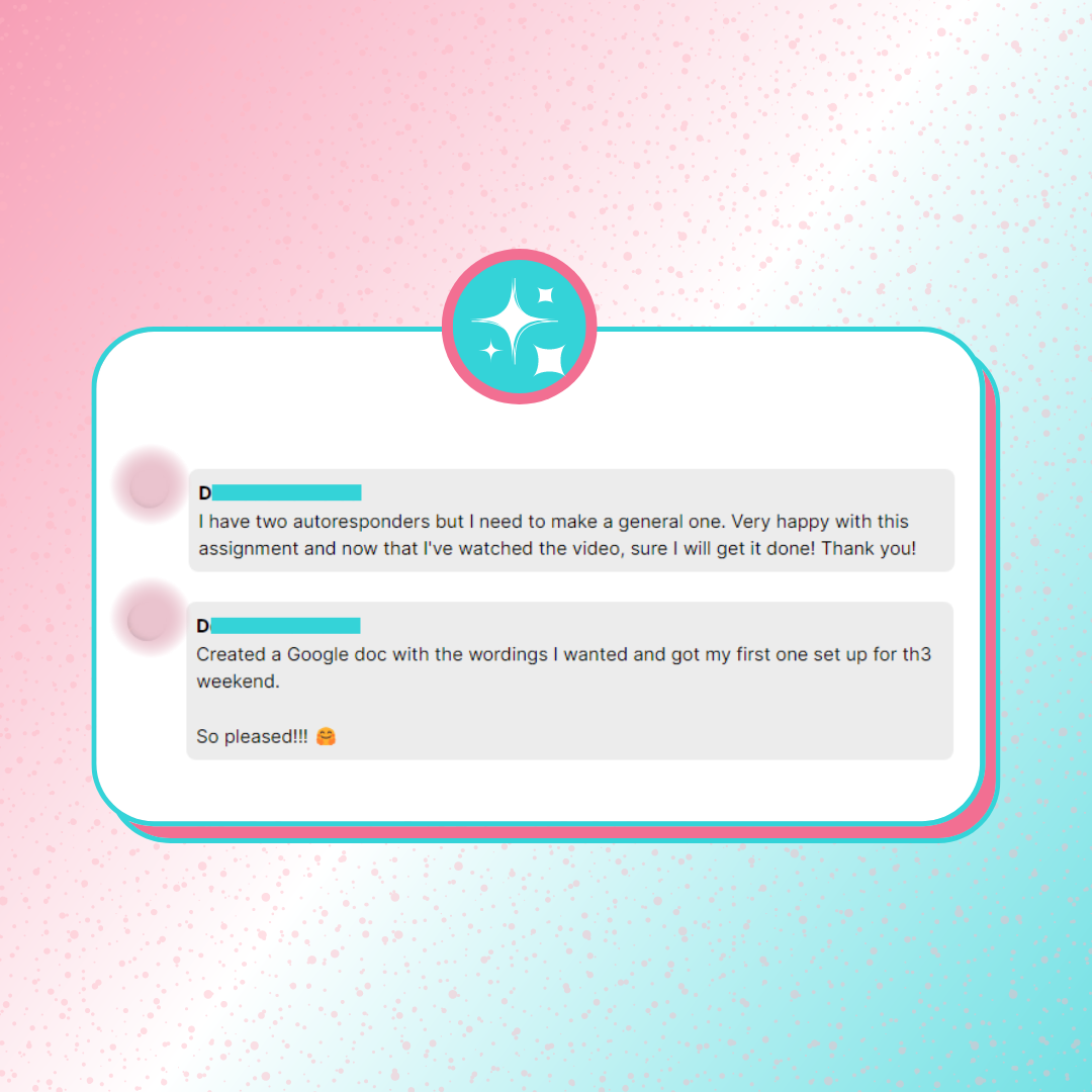 A testimonial graphic showing a screenshots of how the Autoresponder Made Easy Implementation Workshop helped them set up their autoresponder.