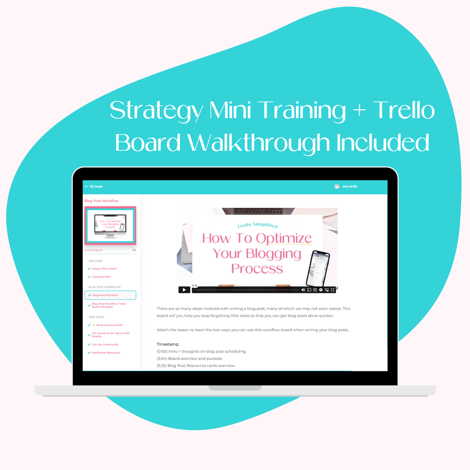 A laptop screen mockup displaying the course platform for the Trello blogging workflow training.