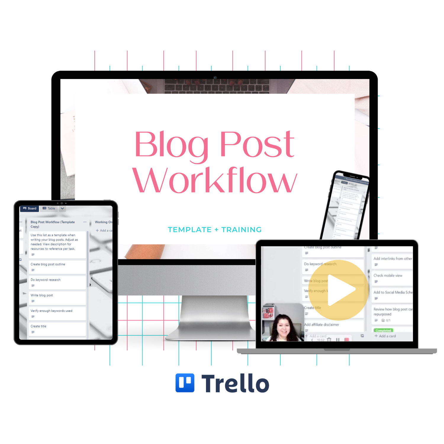 A monitor mockup displaying the Trello Simplified: How To Optimize Your Blogging Process Training.