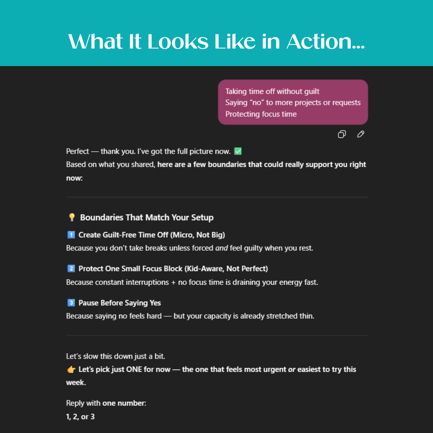 Boundary Boss GPT screen showing boundary options that match the user’s setup and support how to manage interruptions in daily life.