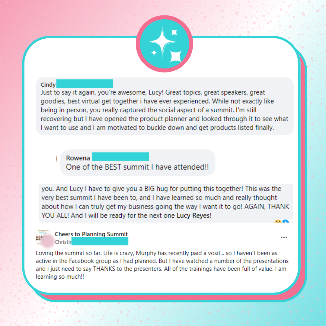 Testimonial screenshots of a past attendee saying how this was the best summit they’ve ever attended, how great the speakers and topics were and how much they’ve learned.