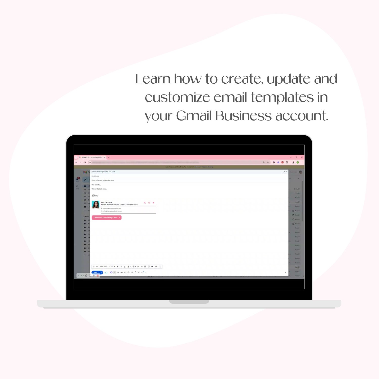 A laptop mockup displaying a sneak preview of the Quick System video on how to create an email template in Gmail.