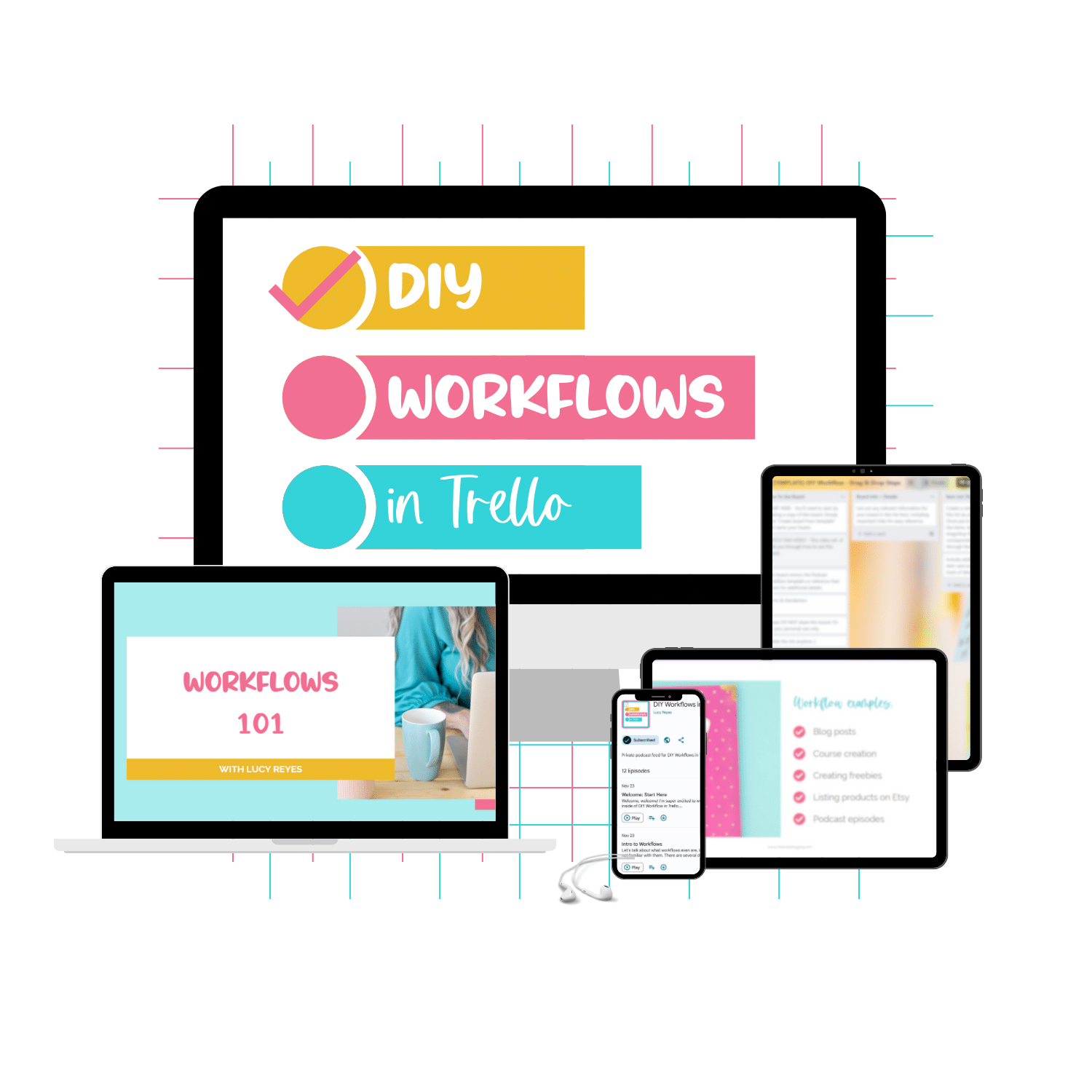 A monitor mockup displaying the DIY Workflows in Trello course that’ll teach you what workflows are and how to create workflows in Trello.