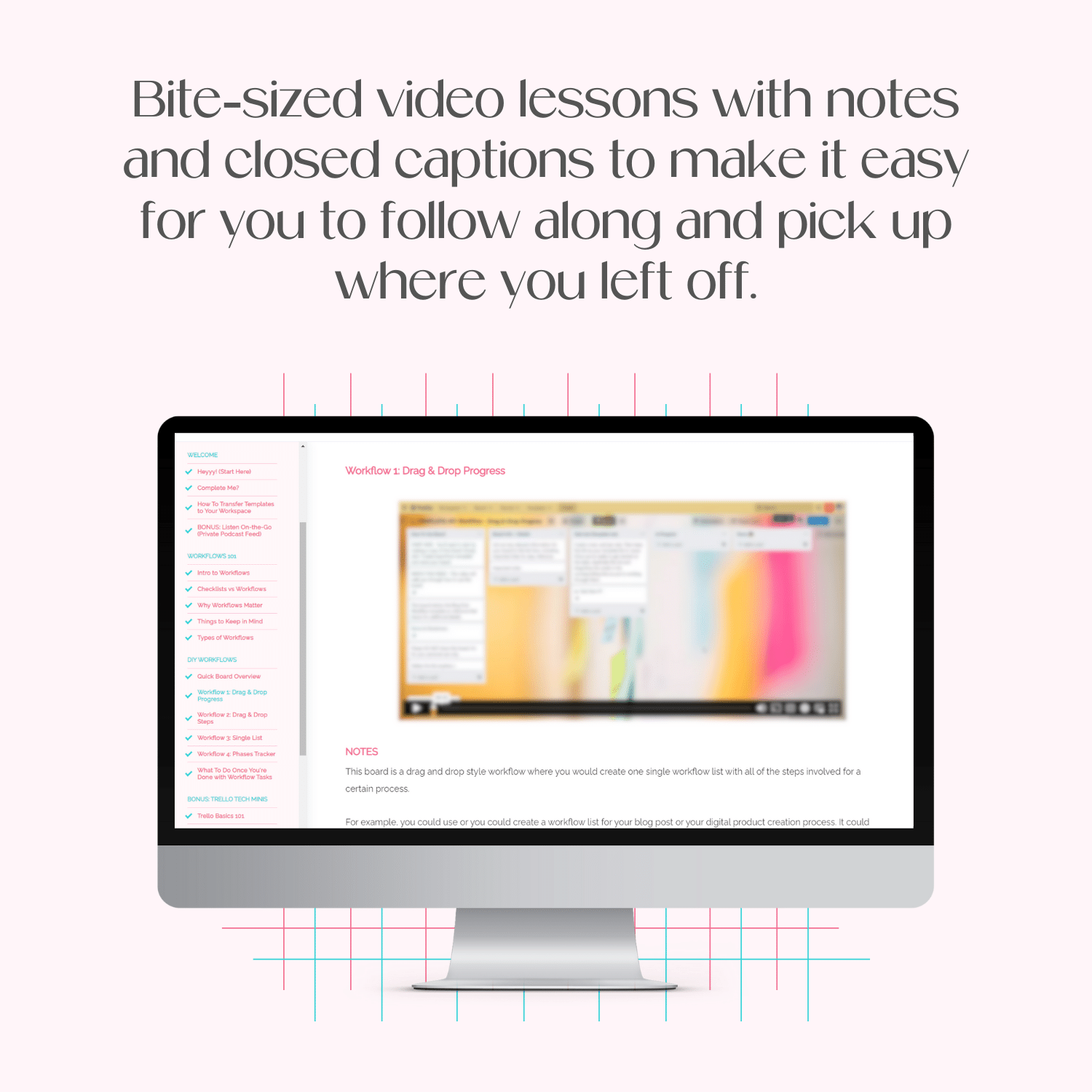A monitor mockup displaying the course platform for DIY Workflows in Trello.