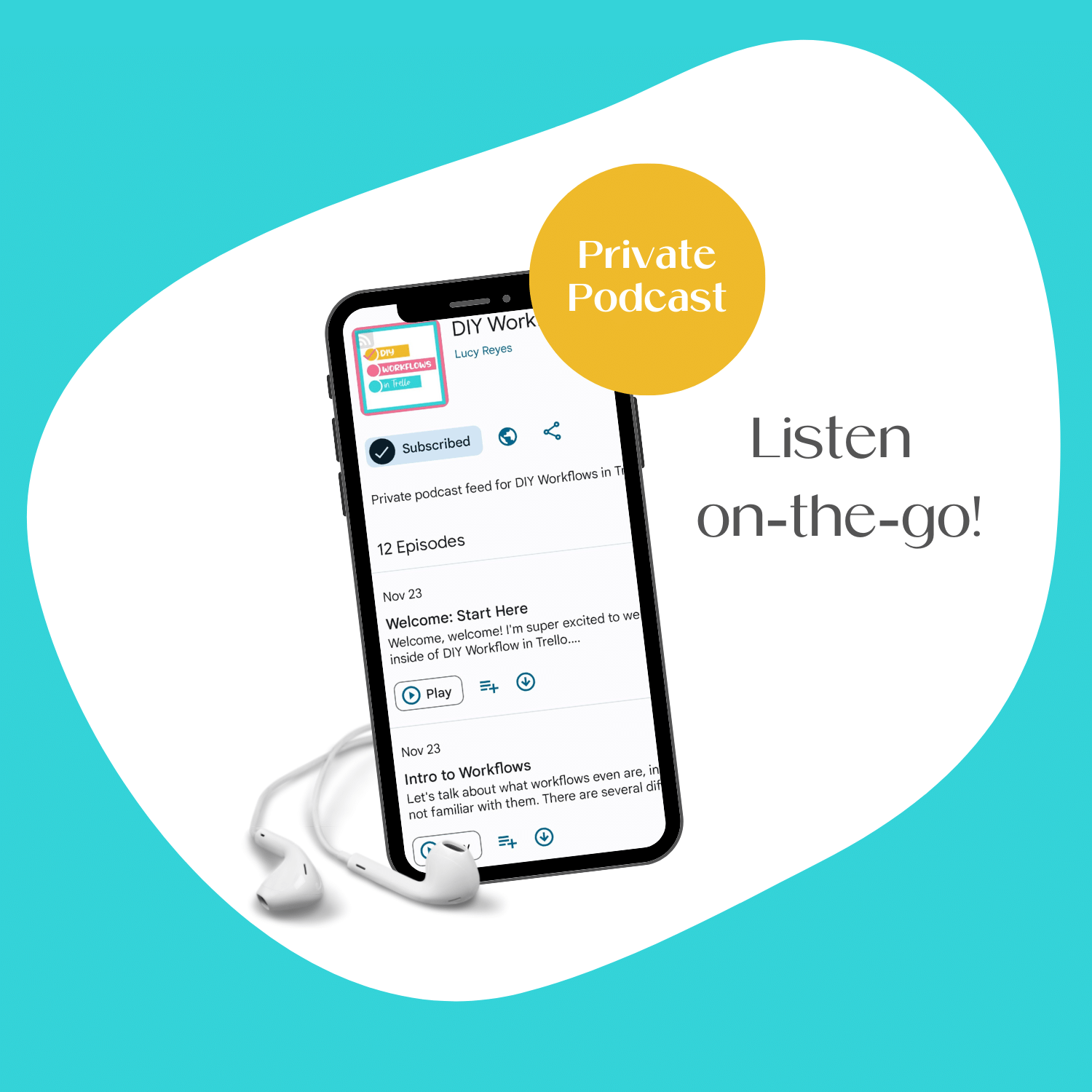 A cell phone mockup displaying the bonus private podcast feed.