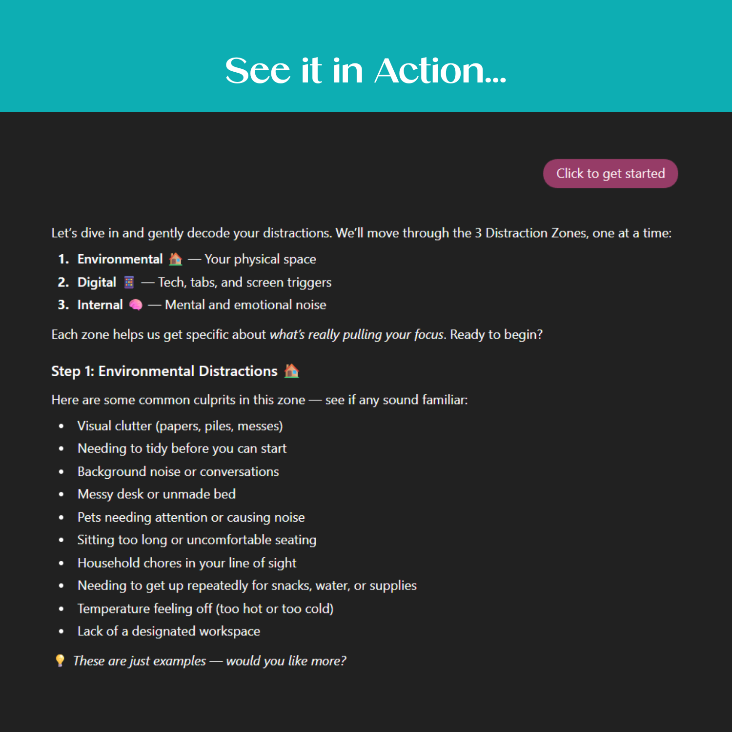 Distraction Detective Bot interface showing environmental distractions like clutter, noise, and workspace issues, helping users identify types of distractions and learn how to manage distractions in their physical space.