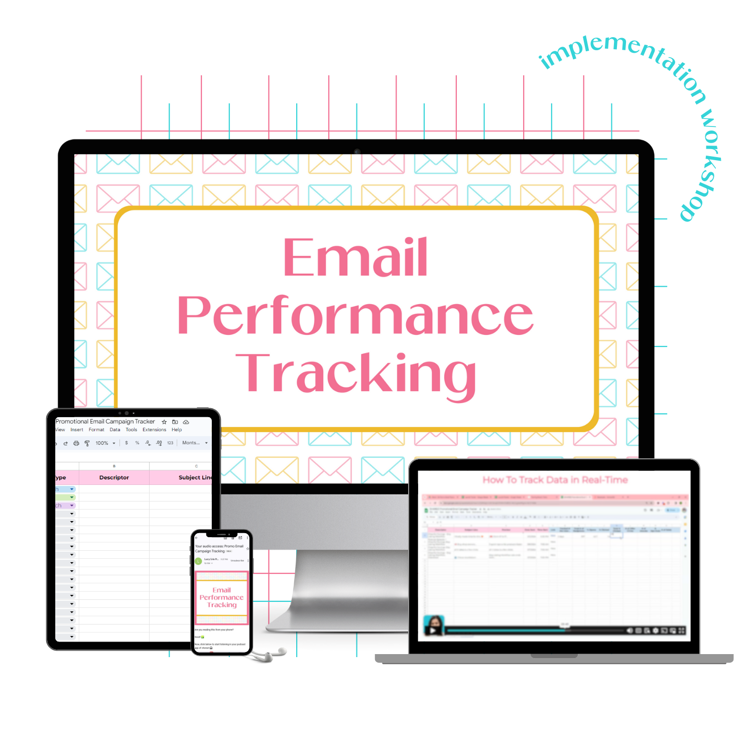 A product mockup displaying the Email Performance Tracking Workshop with all the resources included.