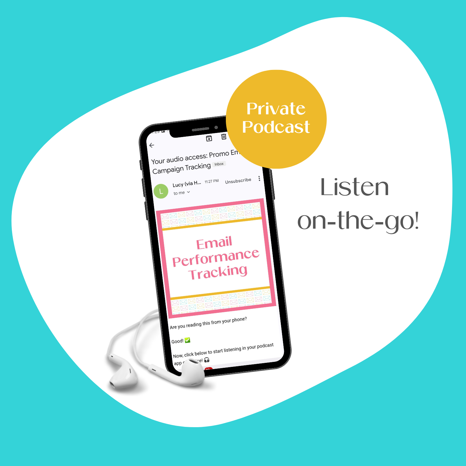 A cell phone mockup displaying the bonus private podcast feed.