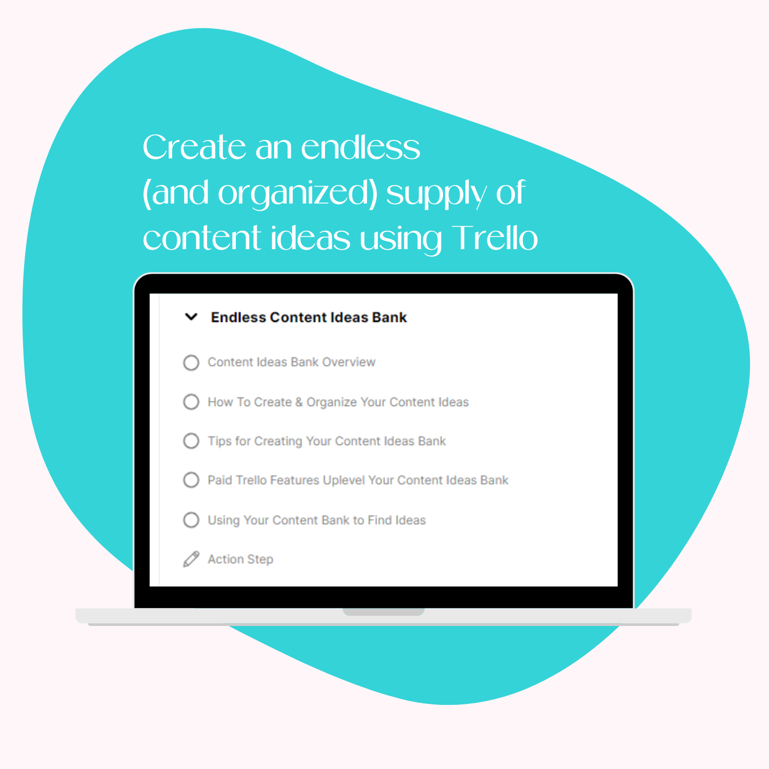 A laptop screen mockup displaying the course platform for the Endless Content Ideas Bank.