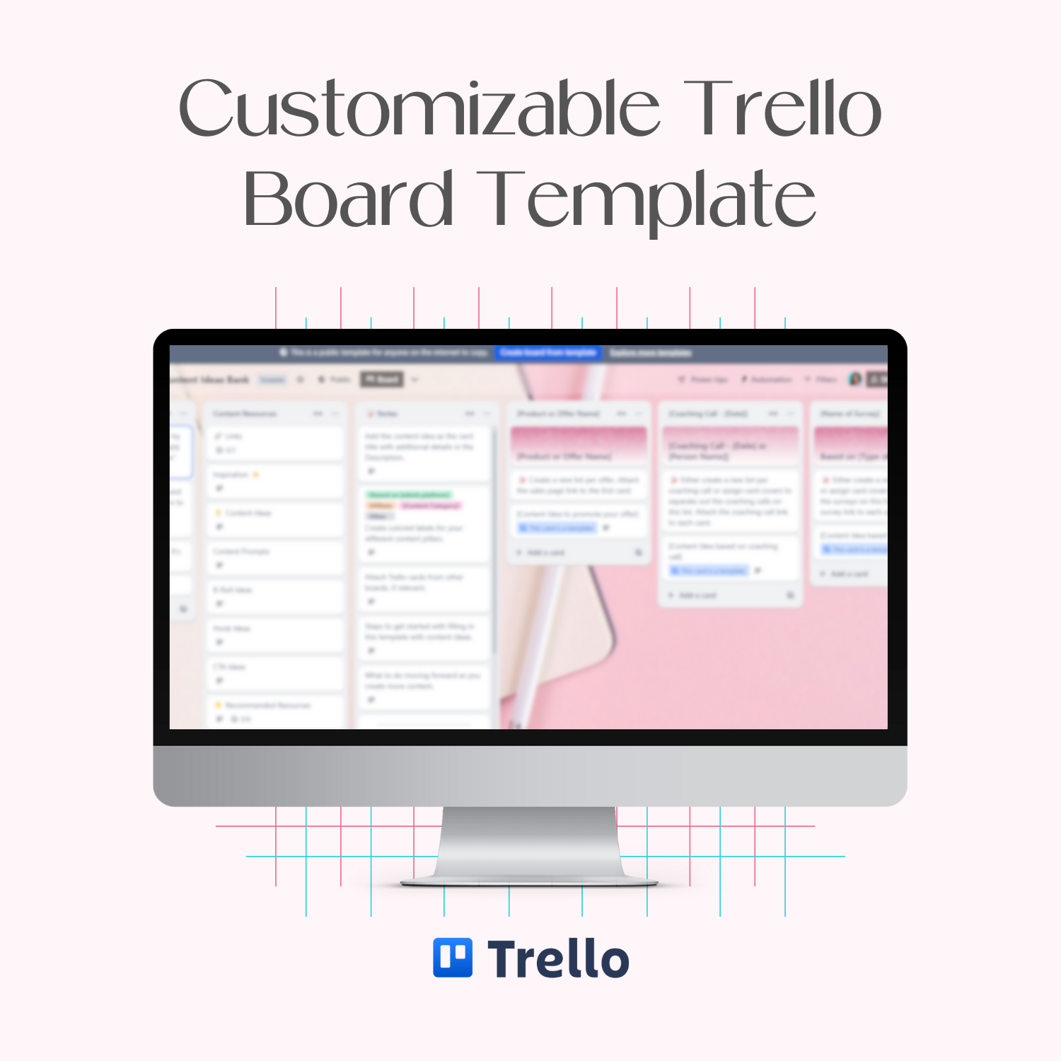 A monitor mockup displaying the customizable Content Bank Trello board template.