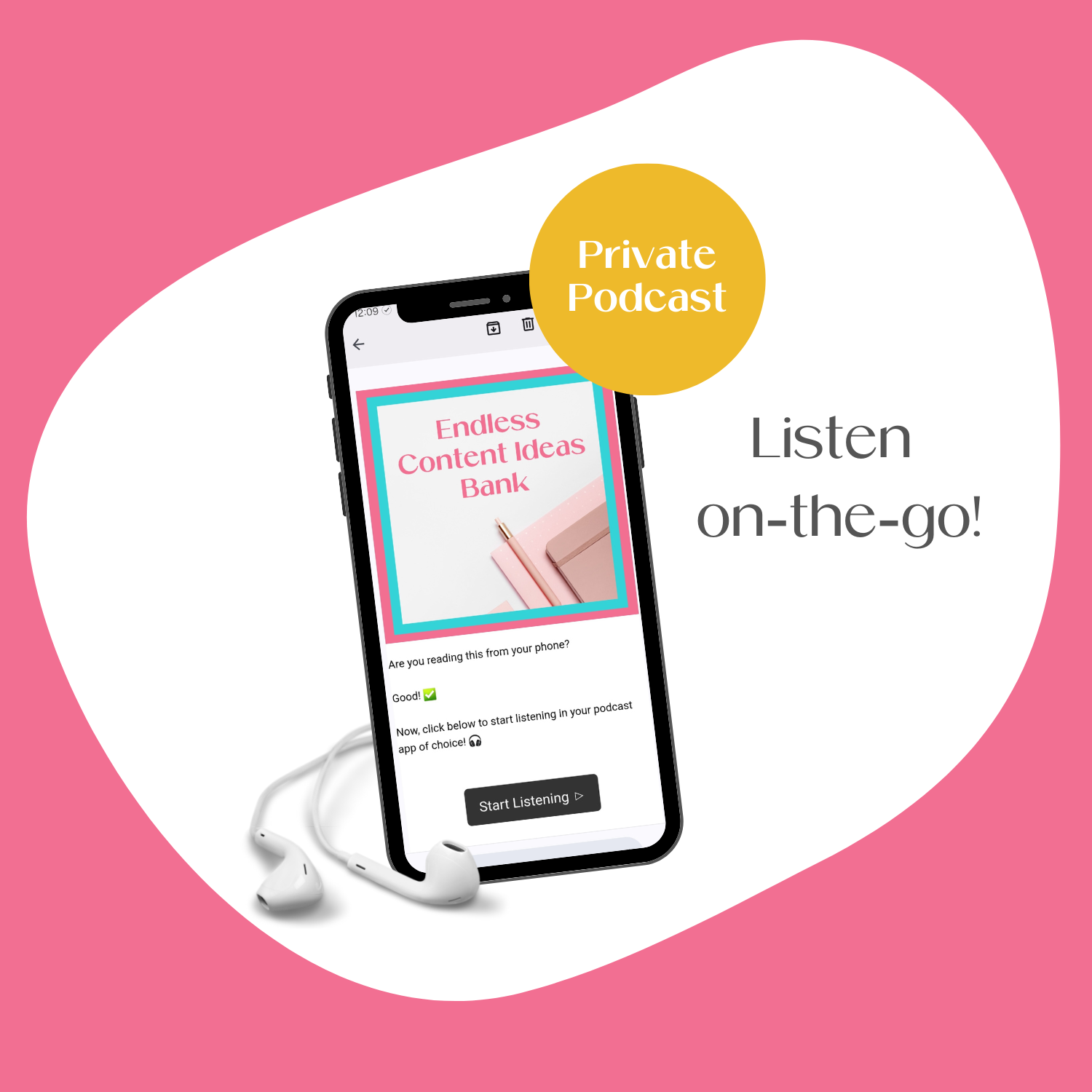 A phone mockup displaying the private podcast to listen to the course on-the-go. .