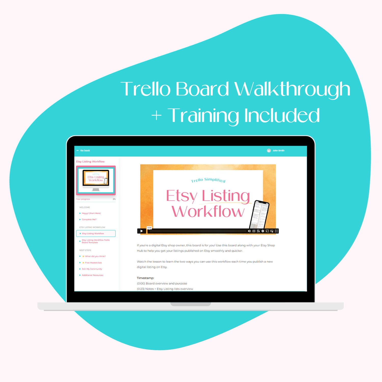 A laptop screen mockup displaying the course platform for the Etsy Listing Workflow that’ll show you how to streamline your Etsy listing process.