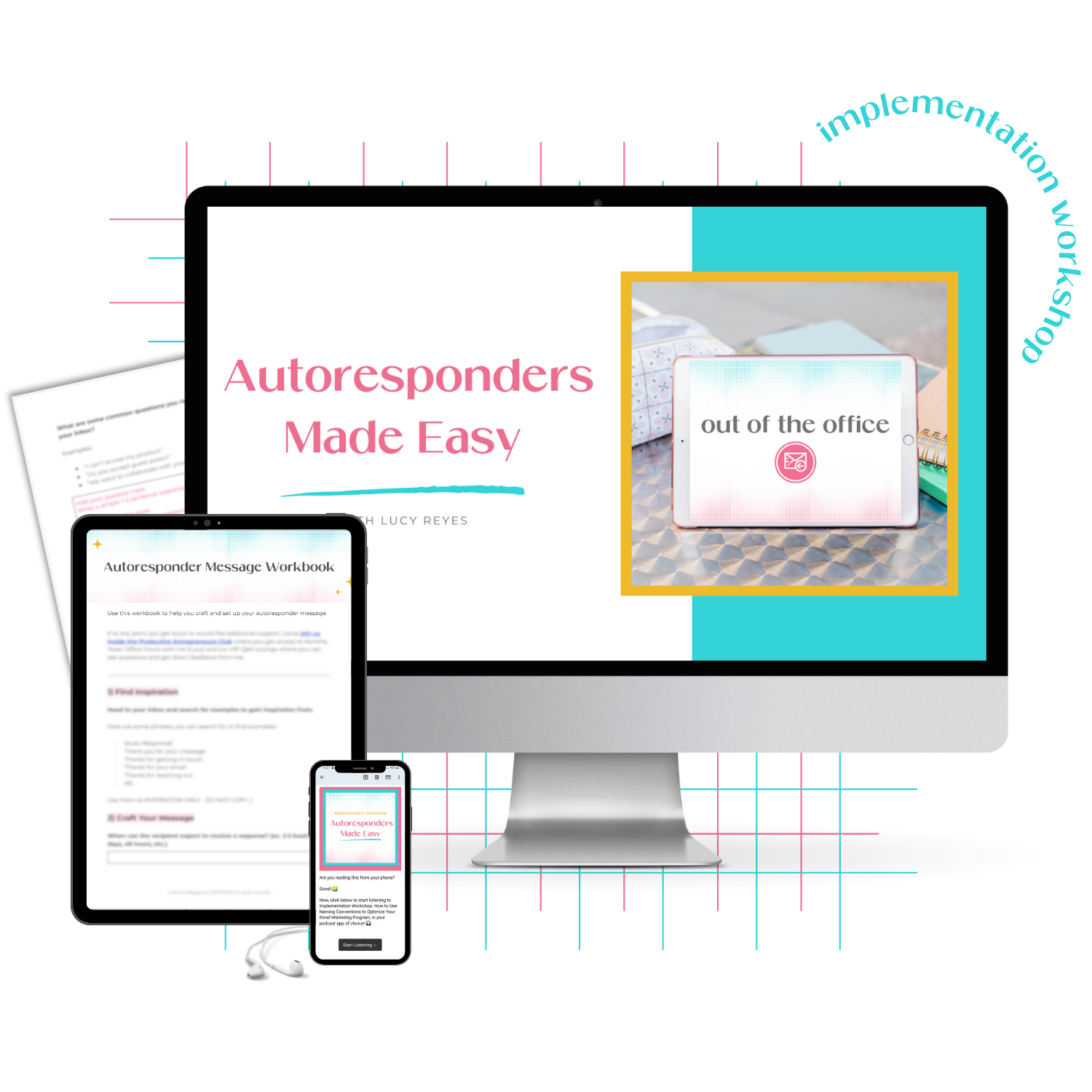 A monitor mockup displaying the Implementation Workshop on setting up an autoresponder in Gmail.