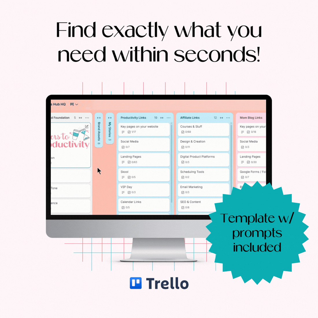 Business Hub HQ Trello board in action, showing brand assets found instantly without digging through folders.