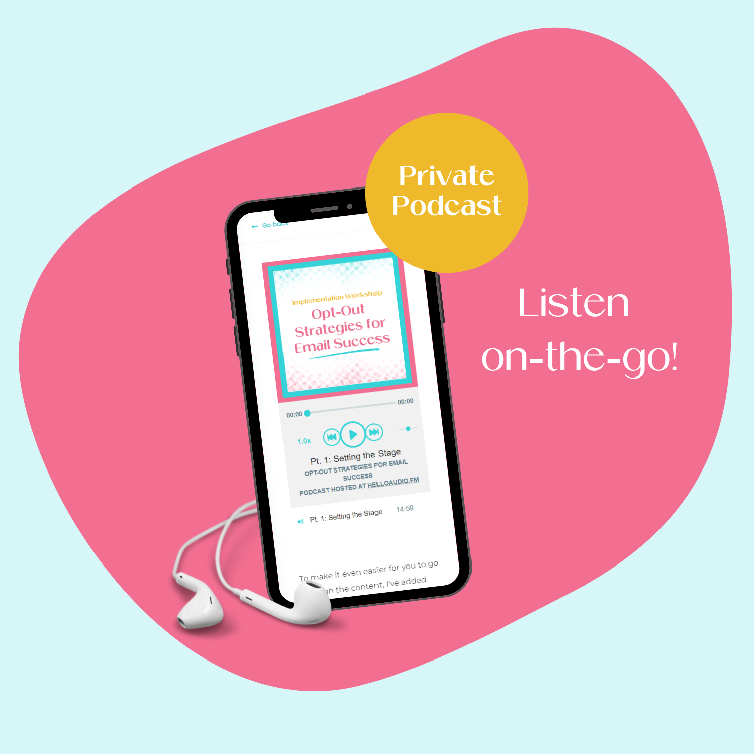 A cell phone mockup displaying the bonus private podcast feed.