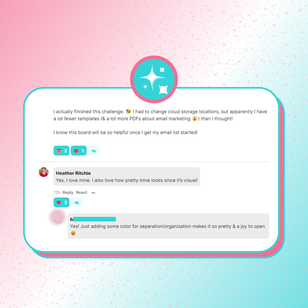 A testimonial screenshot sharing their excitement for completing this challenge, finding all the email templates they own and knowing how helpful this will be once they start their email list.