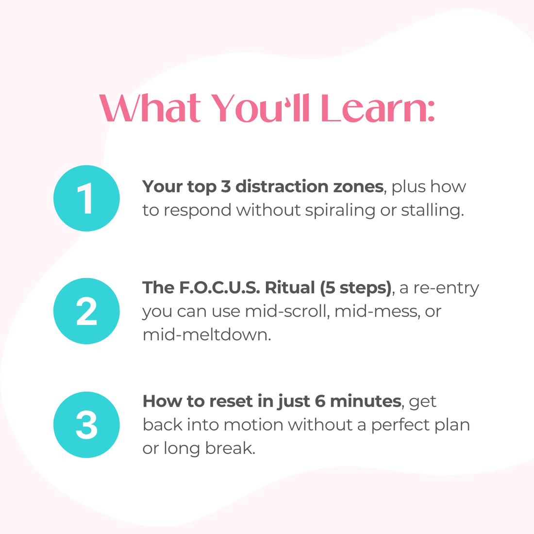 Educational graphic about learning distractions and recovery techniques with a pink gradient background.