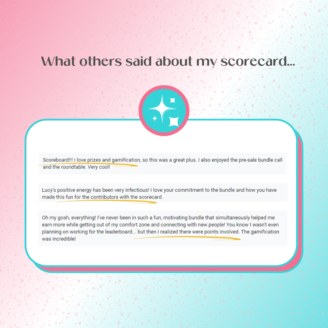 A testimonial graphics of screenshots from others who have used my scorecard in the past.