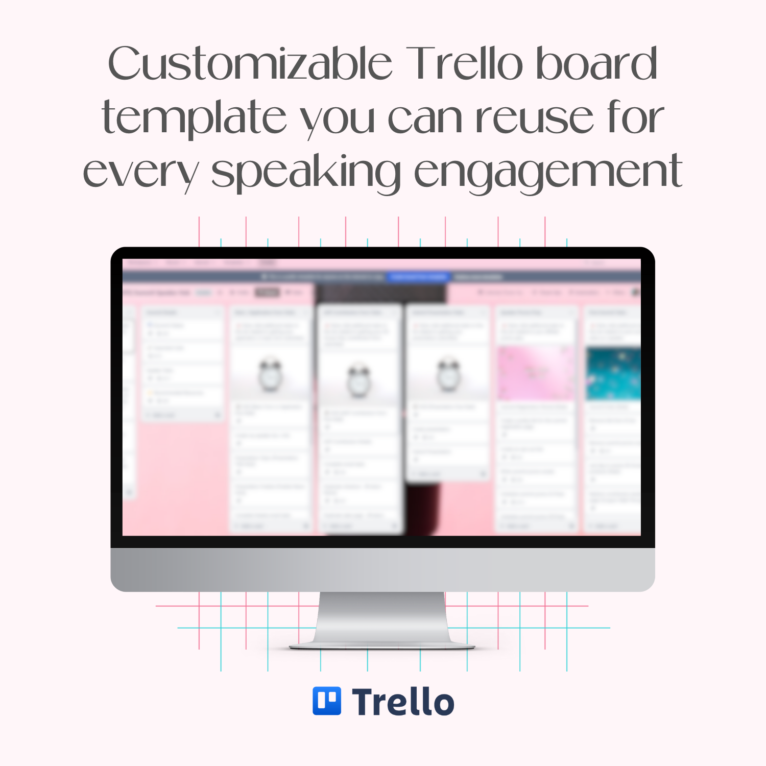 A monitor mockup displaying the customizable Summit Speaker Hub Trello board template with all the workflows, checklists and notes you need.