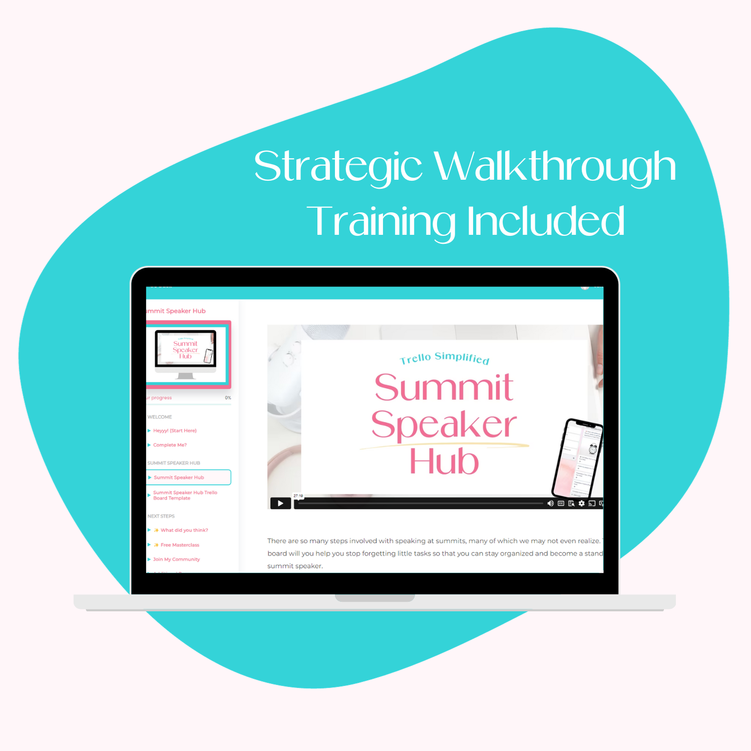 A laptop screen mockup displaying the course platform for the Summit Speaker Hub.