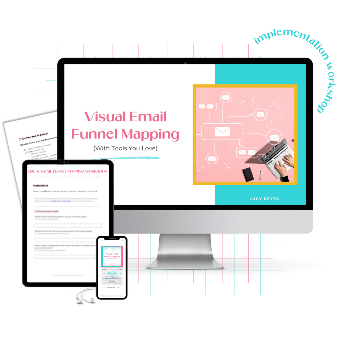 A monitor mockup displaying the Implementation Workshop on Visual Email Funnel Mapping (With Tools You Love).
