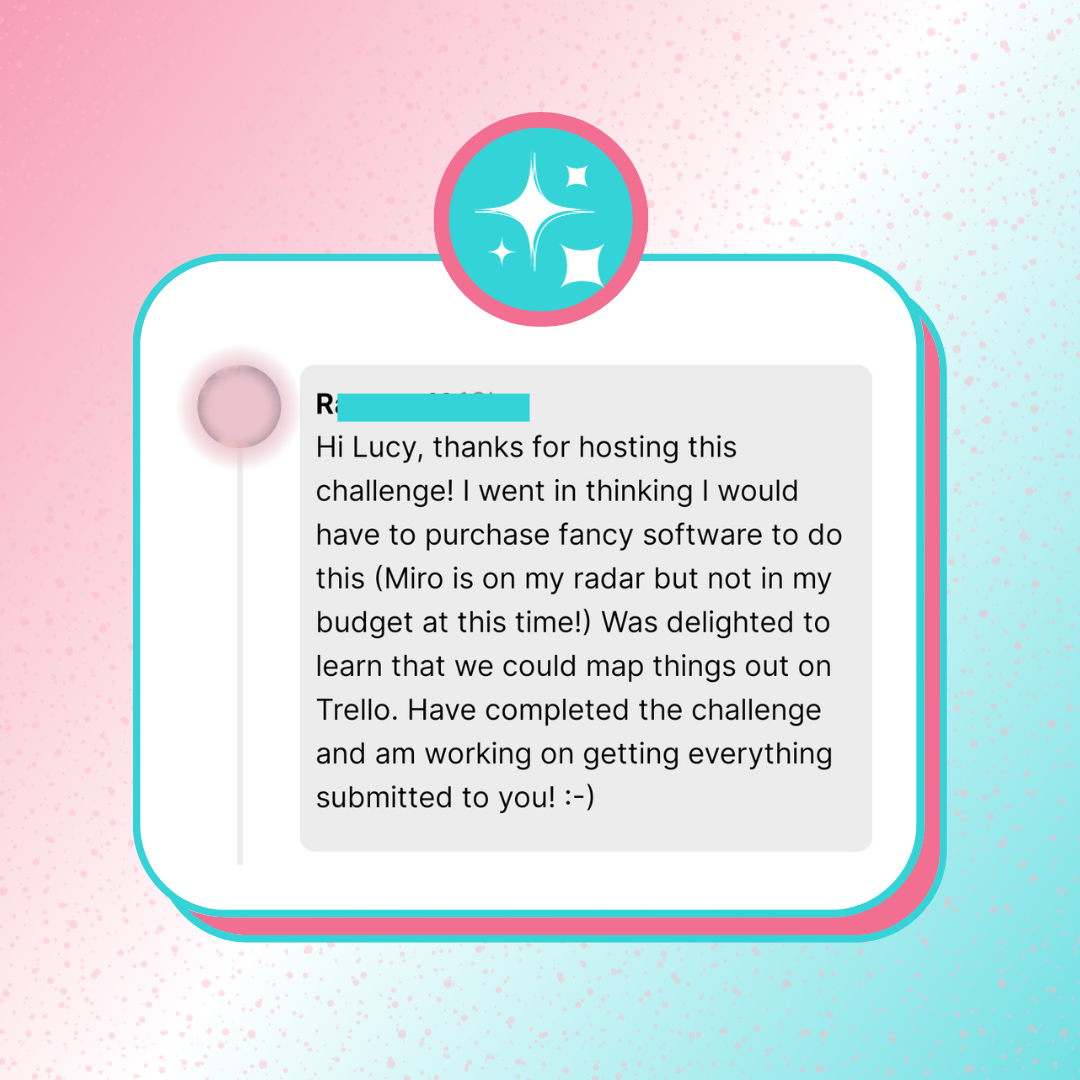 A testimonial screenshot of a student saying how she thought she was going to need to purchase fancy software and was delighted to learn she could use Trello as her funnel visualization tool.