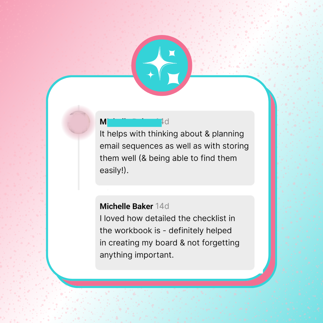A testimonial screenshot of a student saying how she loved how detailed the workbook and checklist were as they helped her avoid missing important steps.