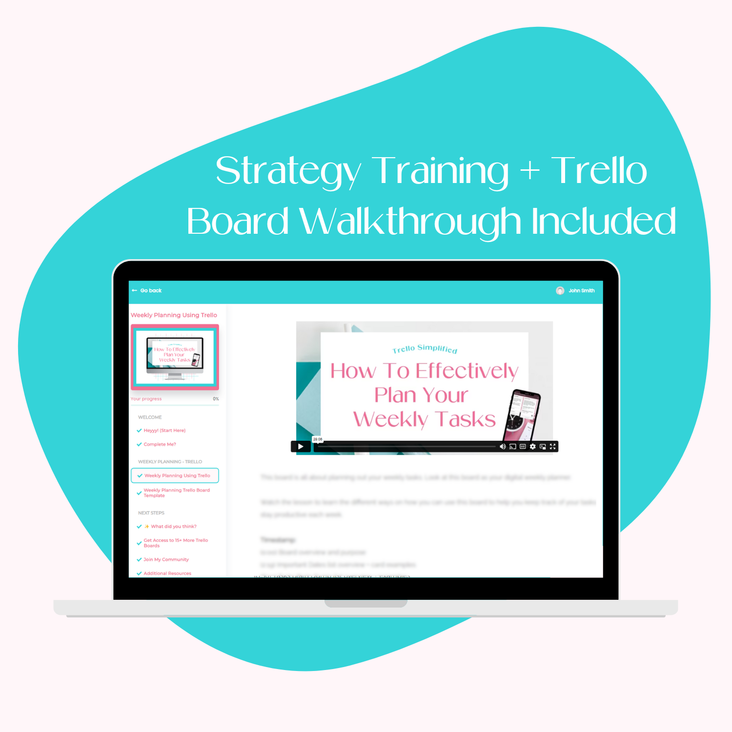 A laptop screen mockup displaying the course platform for the How To Effectively Plan Your Weekly Tasks Using Trello training.
