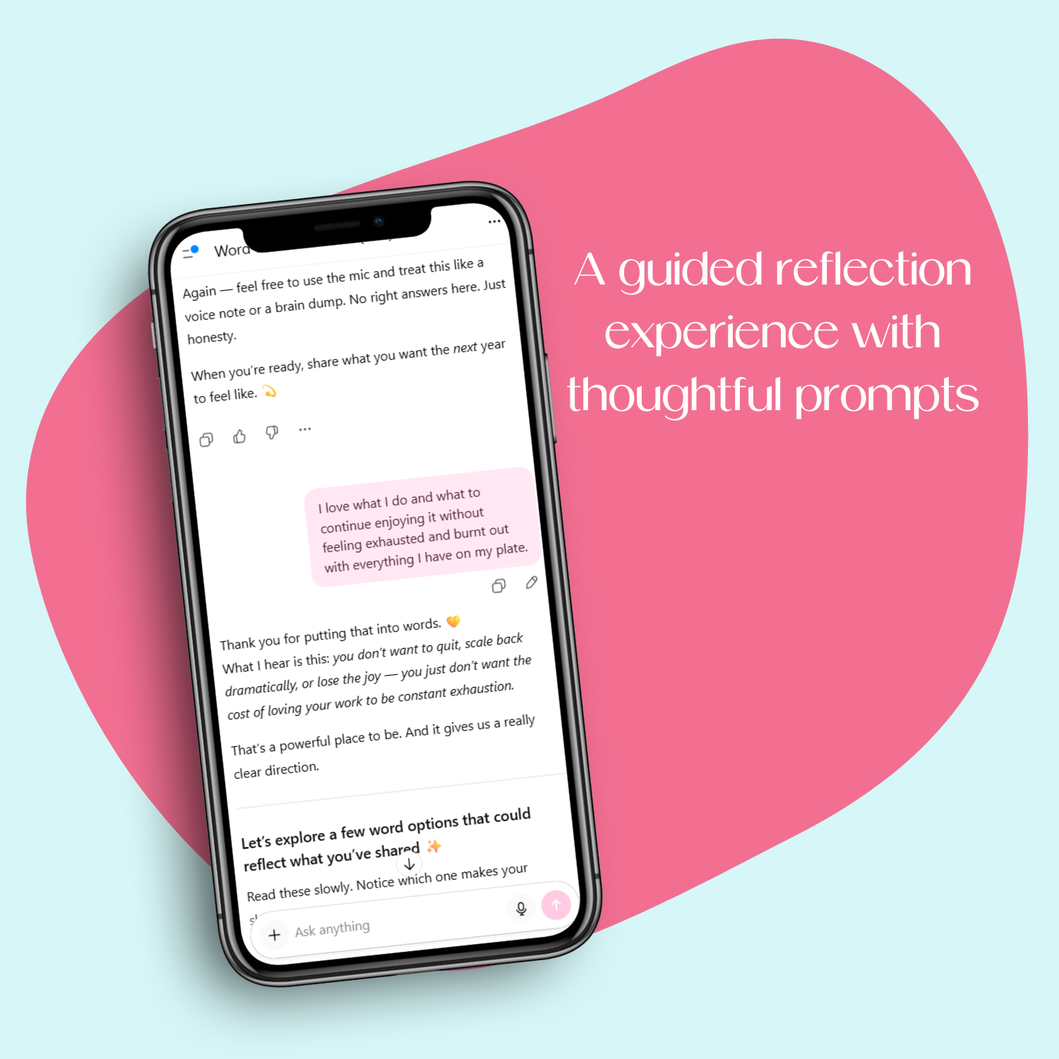 Mobile phone screenshot of the Word of the Year GPT, showing a guided reflection experience that helps users pick their word of the year anytime, anywhere.