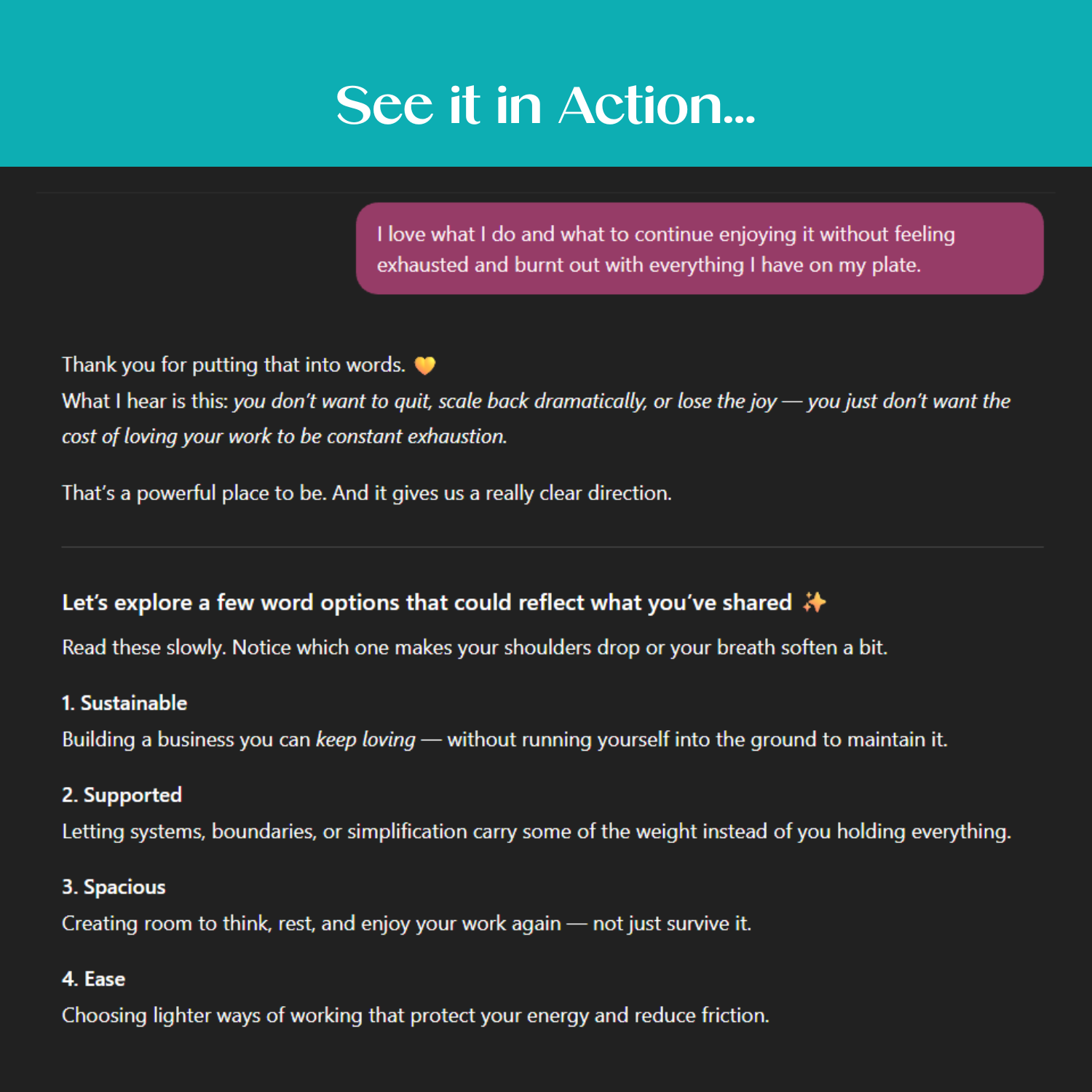 Word of the Year GPT showing personalized word of the year suggestions like Sustainable, Supported, Spacious, and Ease based on user reflection responses.