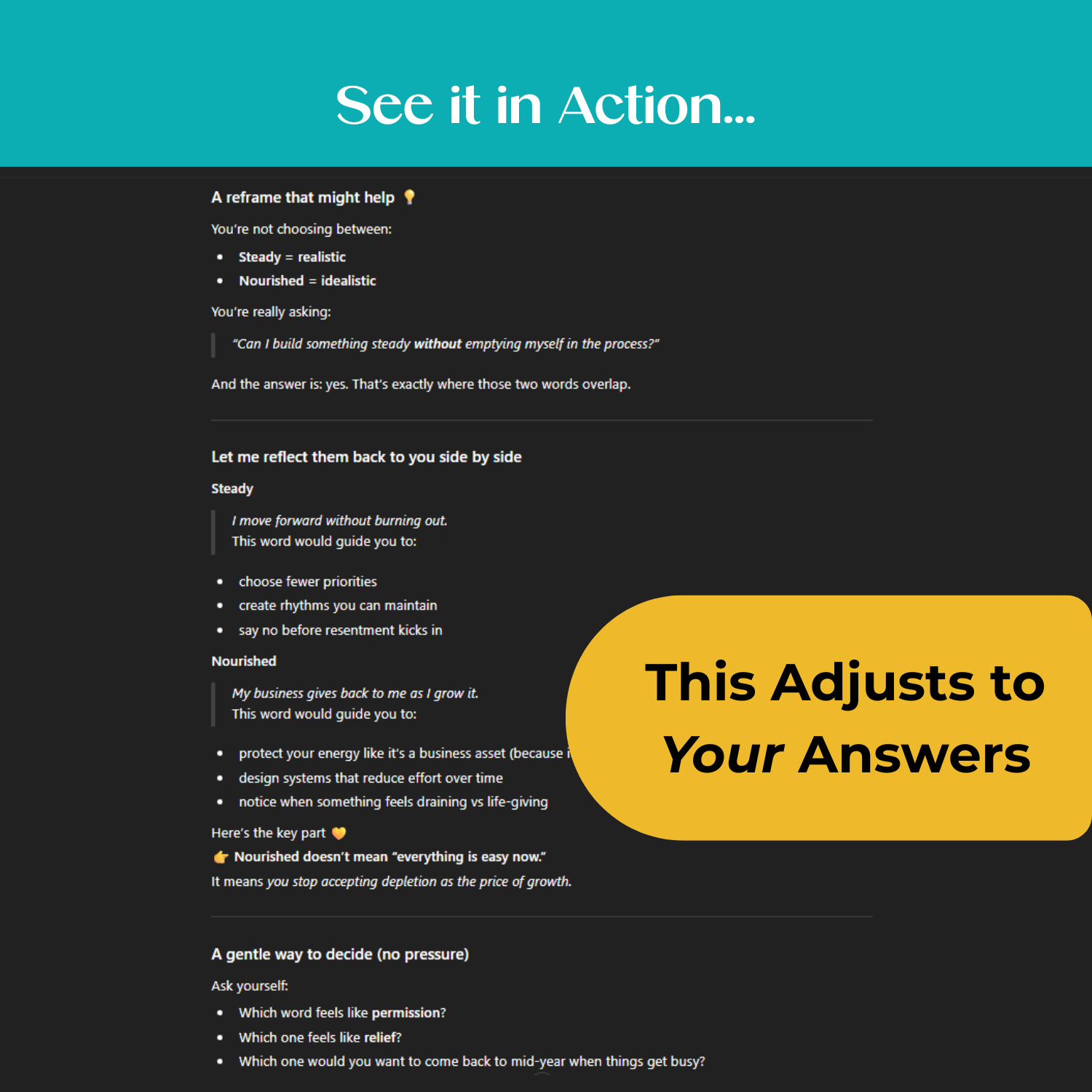 Example of the Word of the Year GPT helping a user compare and pick a word of the year with gentle coaching, emotional clarity, and values-aligned guidance.