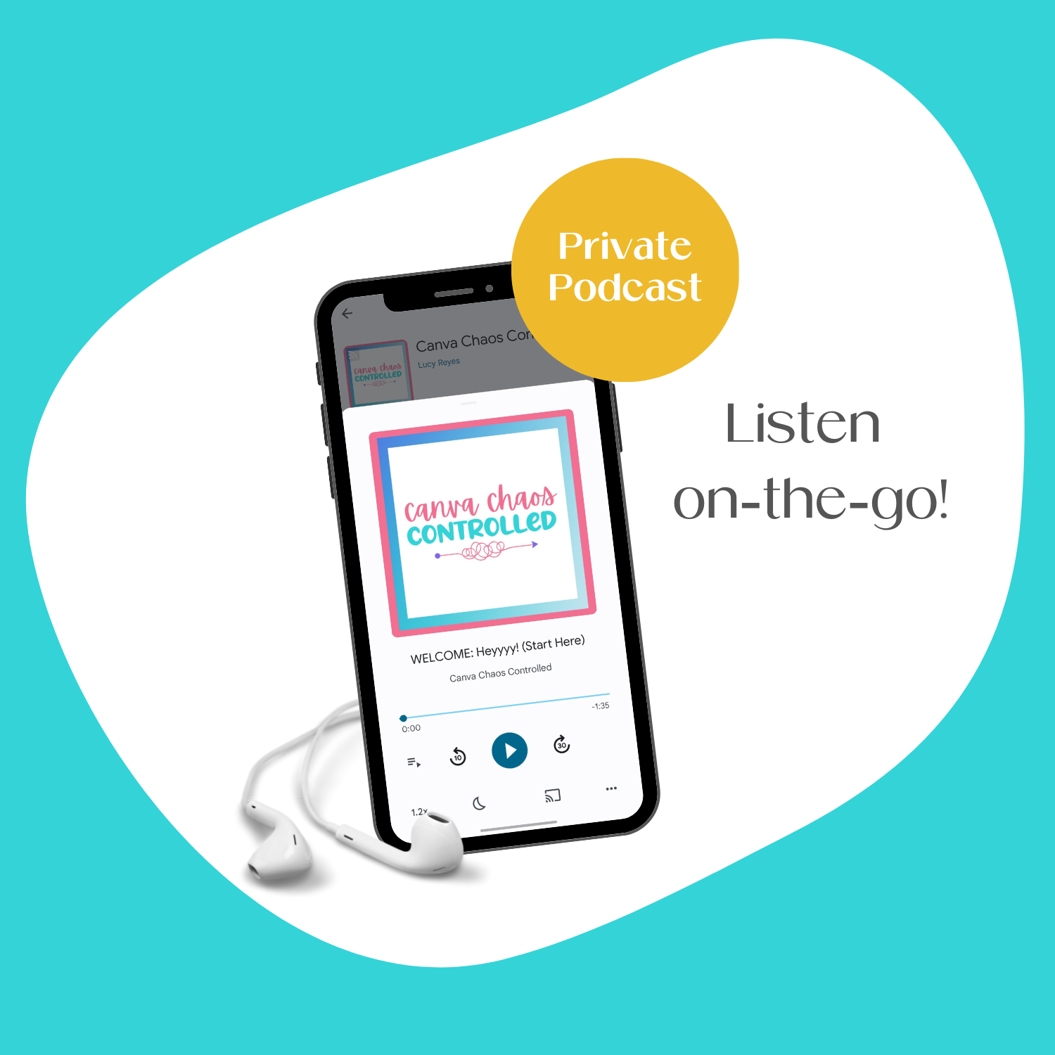 A cell phone mockup displaying the bonus private podcast feed to the Canva organization course.