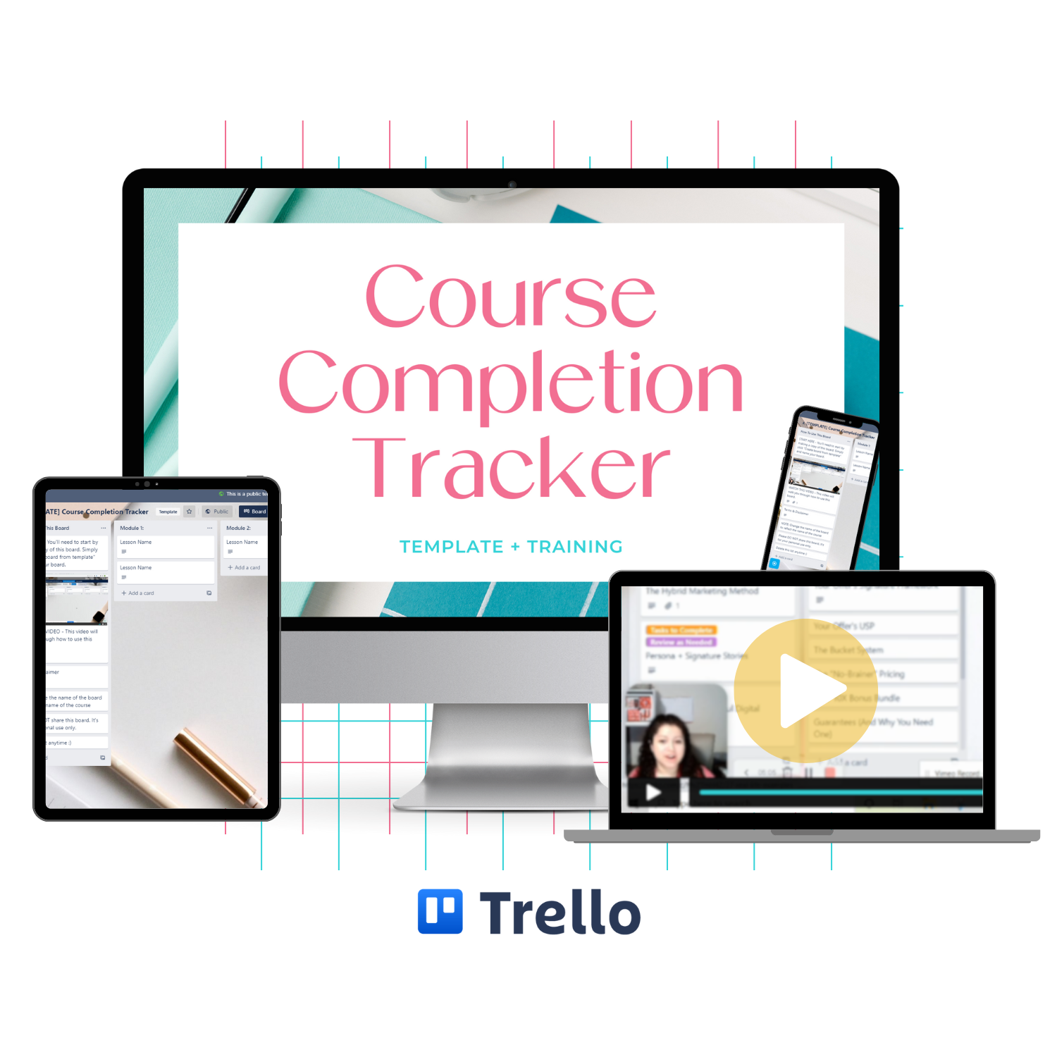 A monitor mockup displaying the Trello Simplified: Track Progress & Complete Courses with Confidence training.