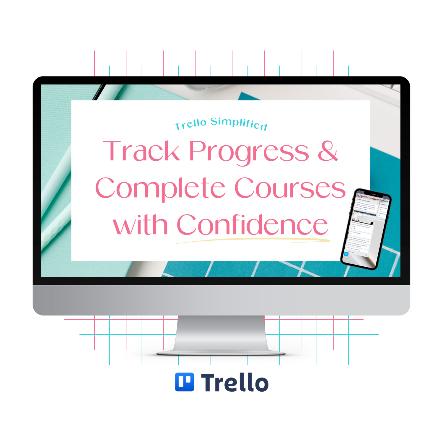 A monitor mockup displaying the Trello Simplified: Track Progress & Complete Courses with Confidence training.