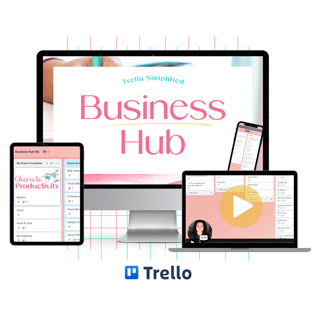 Business Hub HQ Trello board template shown on a desktop, tablet, laptop, and phone with brand foundation and key links lists visible.