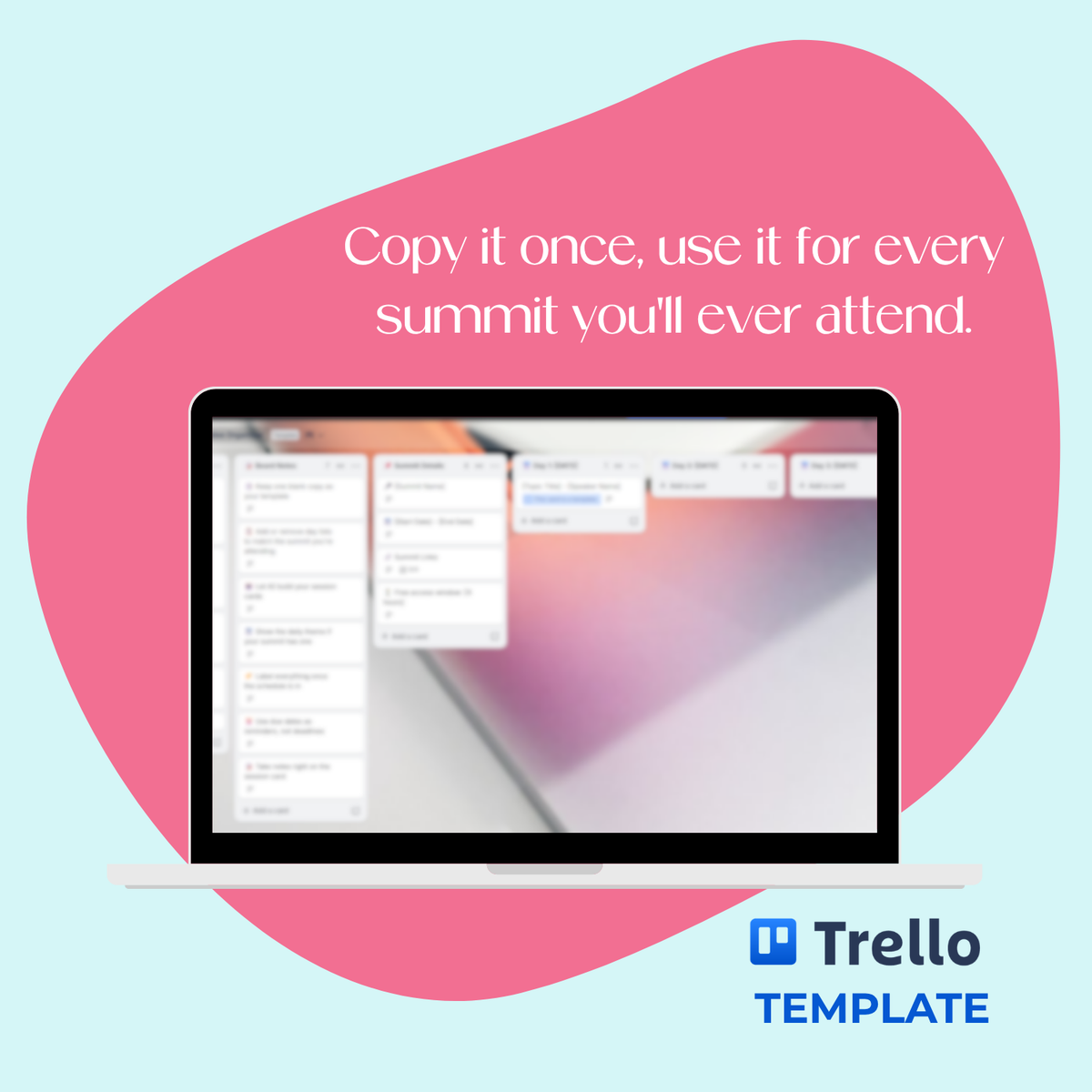 A laptop mockup displaying the Summit Attendee Organizer Trello template.
