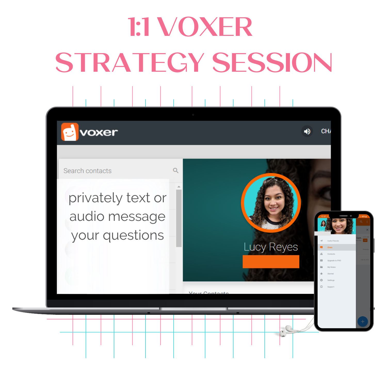 A laptop and mobile phone mockup showing the Voxer app where you can audio or text message with Lucy for a Strategy Session.