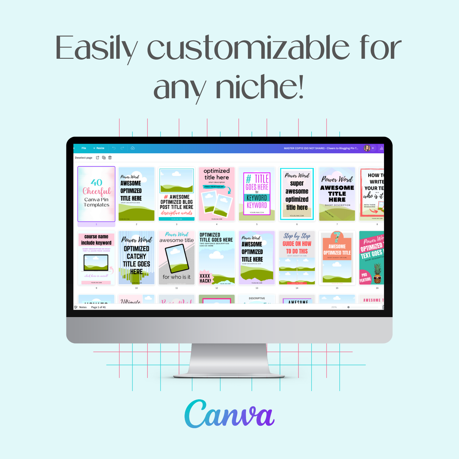 A monitor mockup displaying the customizable Cheerful Canva Pin Templates inside the Canva tool.