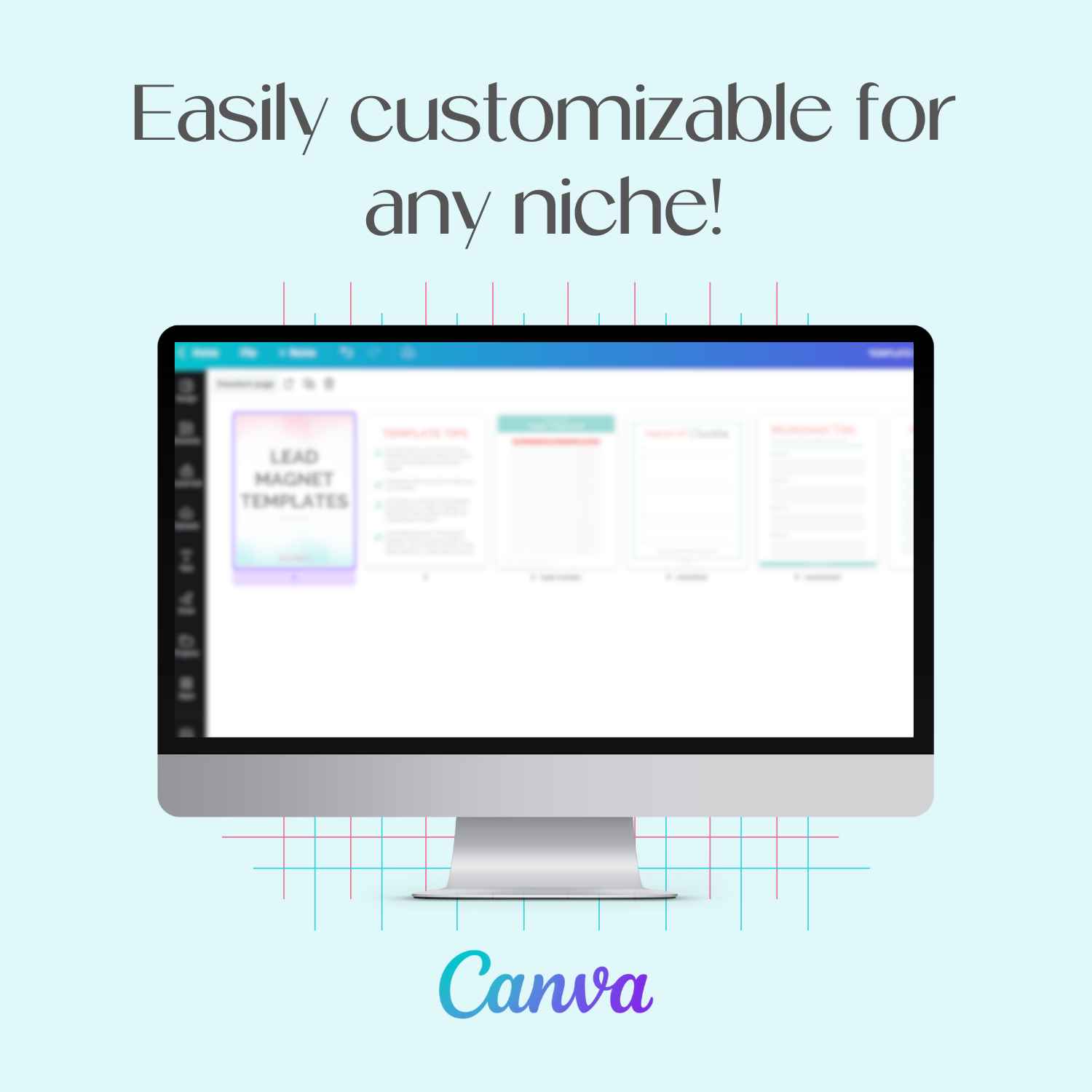 A monitor mockup displaying the customizable Canva Lead Magnet Templates inside the Canva tool.