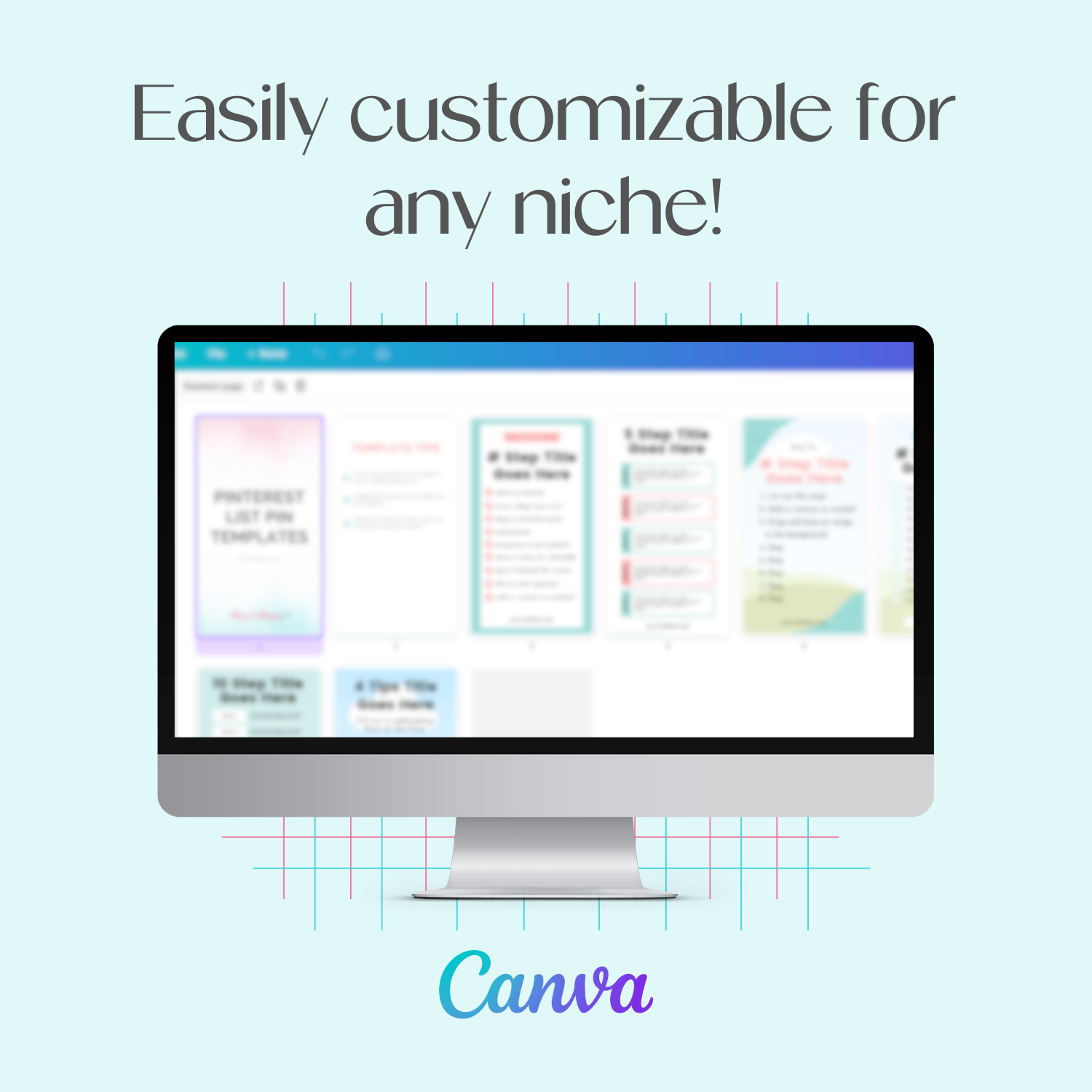 A monitor mockup displaying the customizable Pinterest List Pin Templates inside the Canva tool.