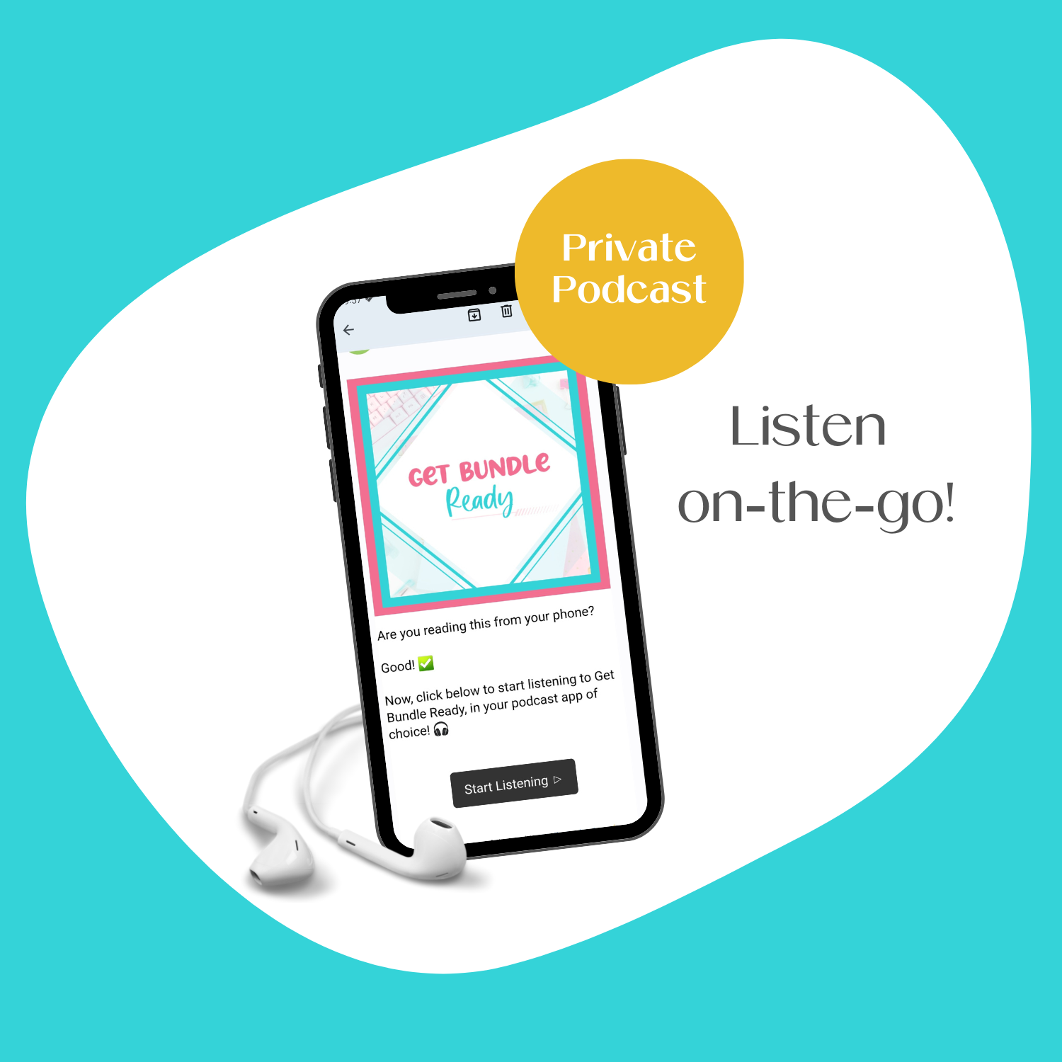 A cell phone mockup displaying the bonus private podcast feed.