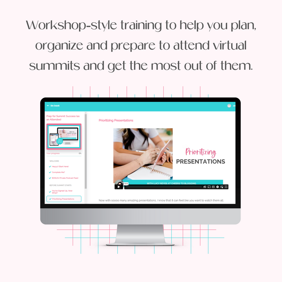 A monitor mockup displaying the course platform for Prep for Summit Success (as an Attendee).