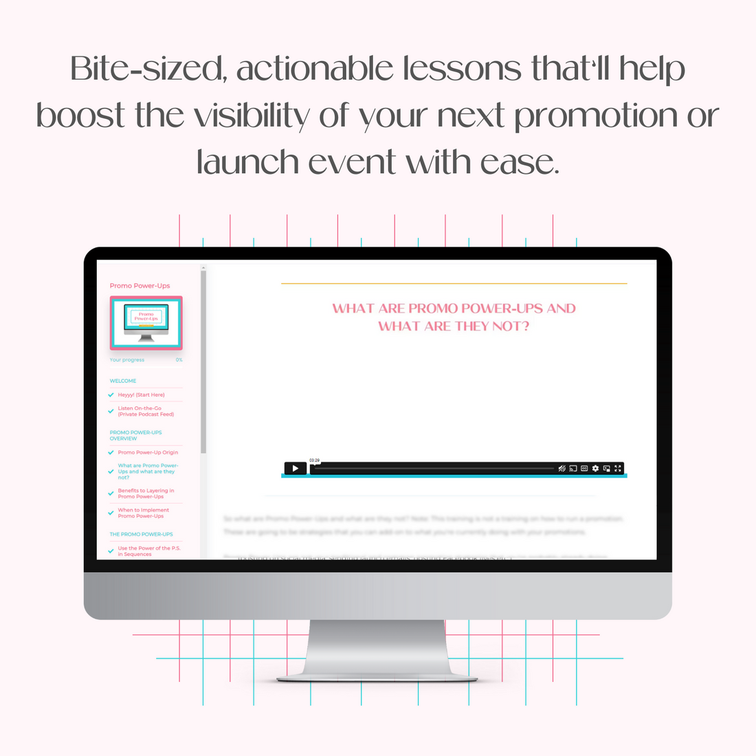 A monitor mockup displaying the course platform for Promo Power-Ups.