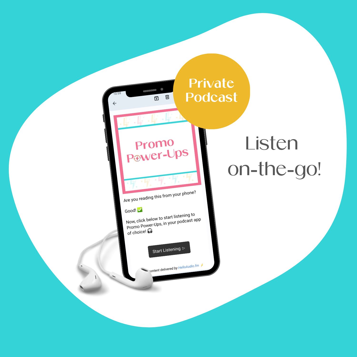 A cell phone mockup displaying the bonus private podcast feed.