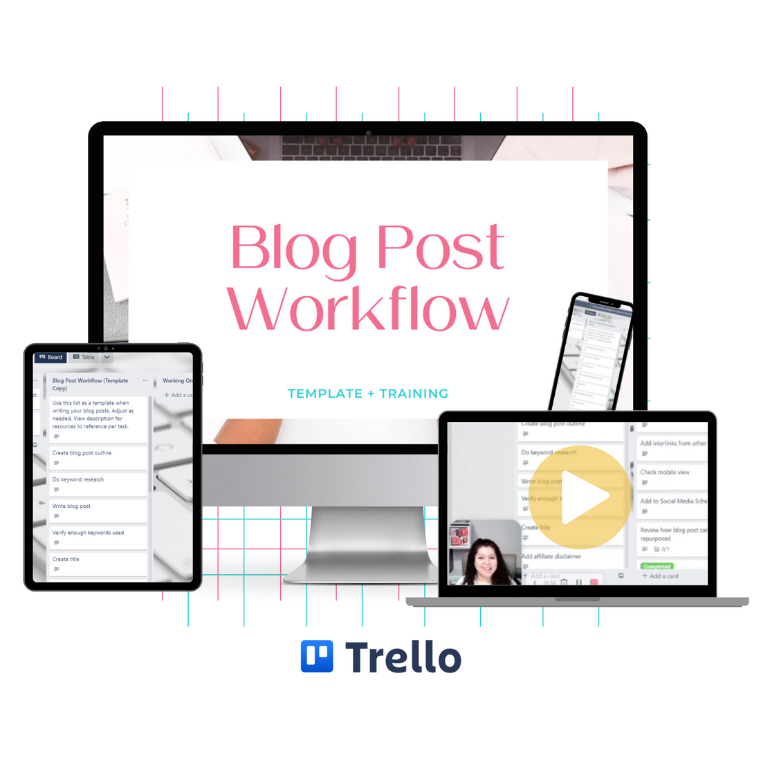 A monitor mockup displaying the Trello Simplified: How To Optimize Your Blogging Process Training. 