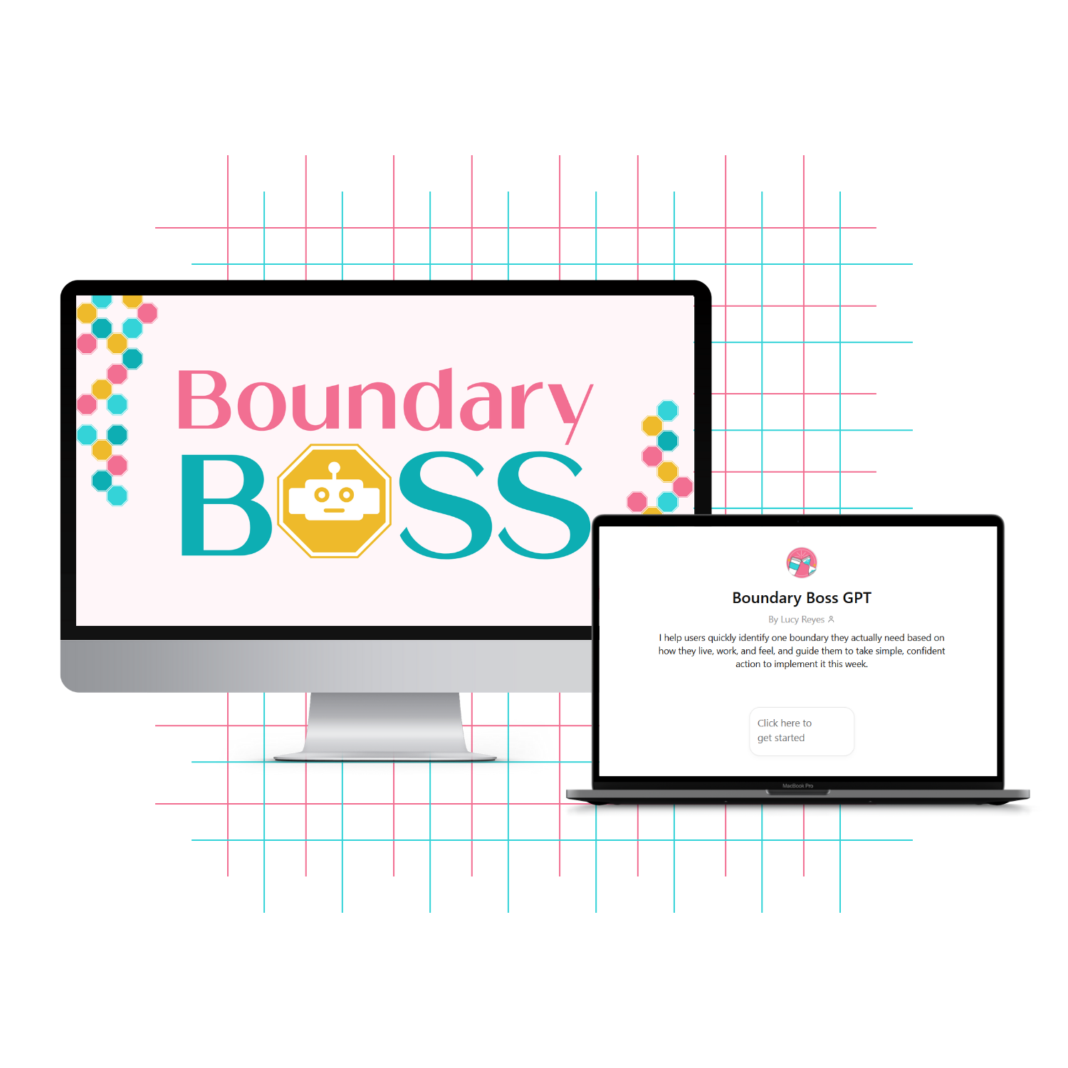 Desktop and laptop mockup displaying the Boundary Boss GPT logo and interface on multiple devices for ongoing boundary support.