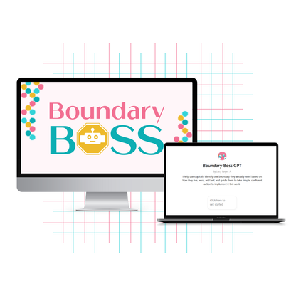 Desktop and laptop mockup displaying the Boundary Boss GPT logo and interface on multiple devices for ongoing boundary support.