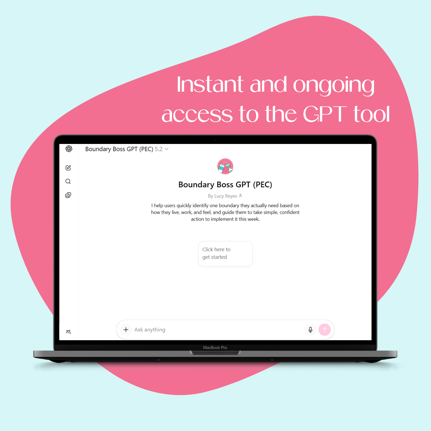 Laptop mockup showing the Boundary Boss GPT home screen with instant and ongoing access to a boundary-setting GPT tool that helps manage interruptions.