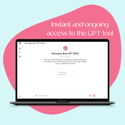 Laptop mockup showing the Boundary Boss GPT home screen with instant and ongoing access to a boundary-setting GPT tool that helps manage interruptions.
