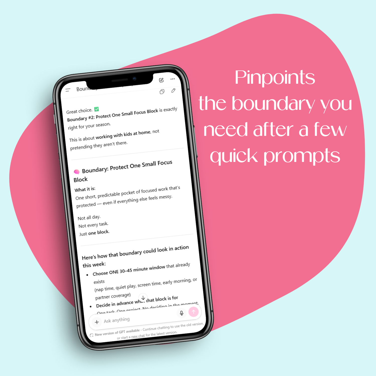 Mobile phone mockup displaying Boundary Boss GPT pinpointing the boundary you need after a few quick prompts to manage distractions.